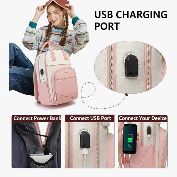 NWT Pink and Cream Backpack School Travel with USB Port - Picture 3 of 15
